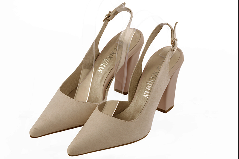 Tan beige women's slingback shoes. Pointed toe. High kitten heels. Front view - Florence KOOIJMAN